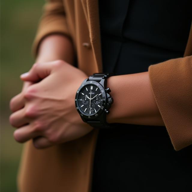 Model wearing our midnight chronograph